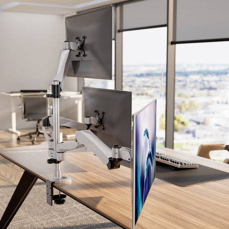 Silver Monitor Mount - Full Motion Triple Pyramid Monitor Desk Mount with Gas Spring Arms - Mount-It! - MI-55116
