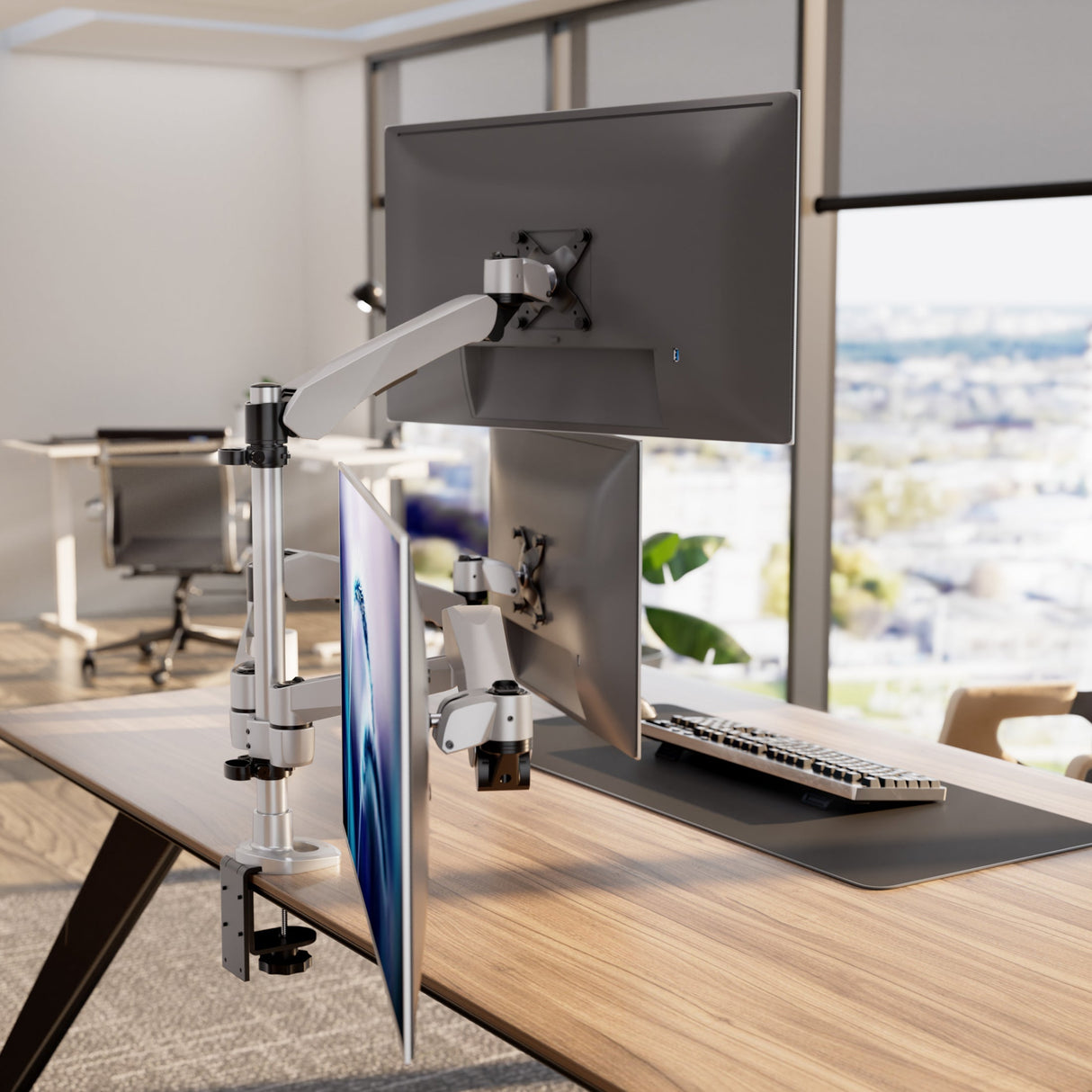 Silver Monitor Mount - Full Motion Triple Pyramid Monitor Desk Mount with Gas Spring Arms - Mount-It! - MI-55116