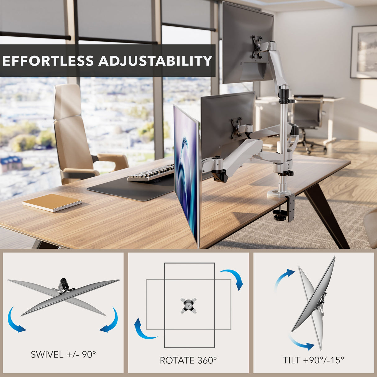 Silver Monitor Mount - Full Motion Triple Pyramid Monitor Desk Mount with Gas Spring Arms - Mount-It! - MI-55116
