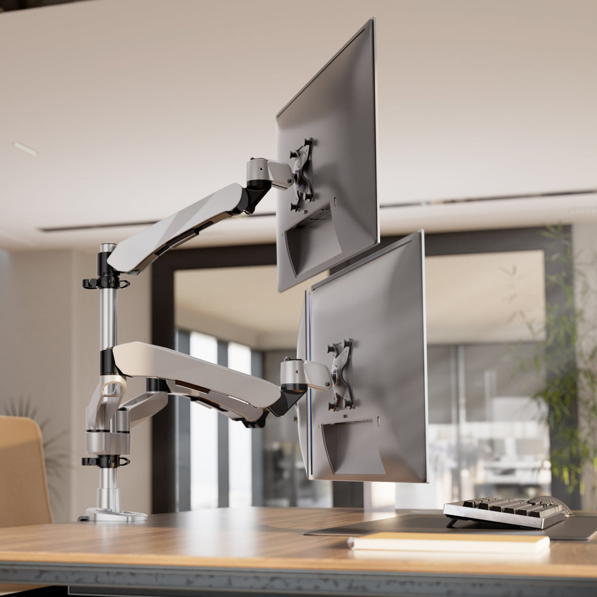 Silver Monitor Mount - Full Motion Triple Pyramid Monitor Desk Mount with Gas Spring Arms - Mount-It! - MI-55116