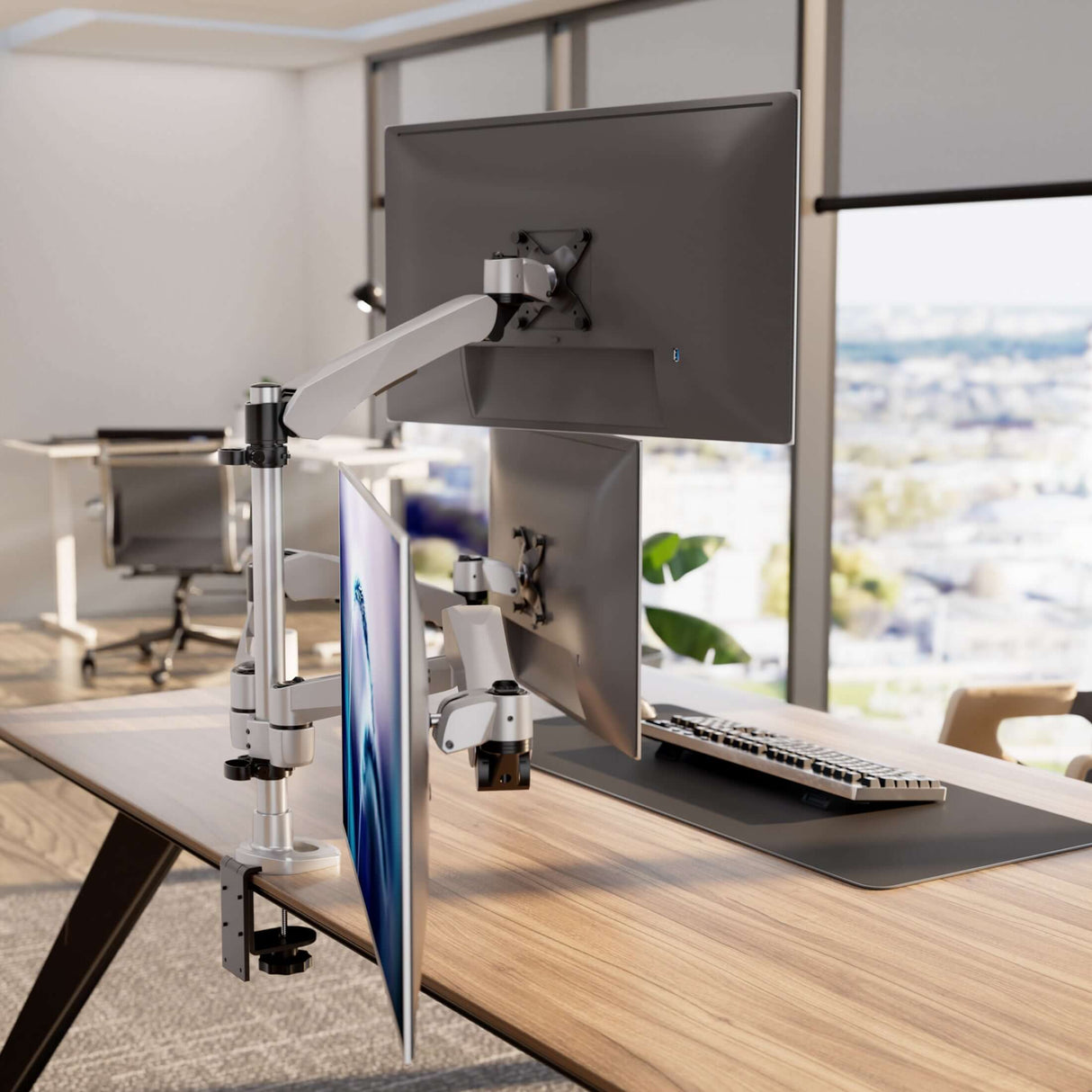 Silver Monitor Mount - Full Motion Triple Pyramid Monitor Desk Mount with Gas Spring Arms - Mount-It! - MI-55116