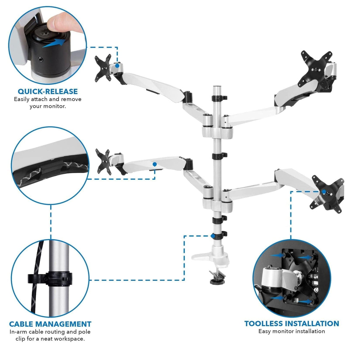 Silver Monitor Mount - Quad Monitor Desk Mount - Mount-It! - MI-65151