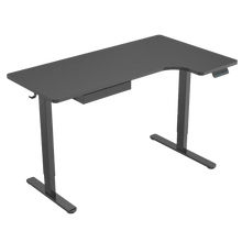 A black adjustable standing desk with an L-shaped design, featuring a small drawer in the center, a hook on the left side, and a digital control panel on the right for height adjustment.