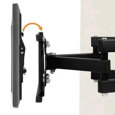 A close-up side view of a swiveling TV wall mount bracket, showing how the attached TV can be tilted forward with an orange arrow indicating the motion.