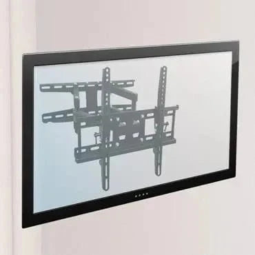 A flat-screen TV mounted on a wall, with its transparent display showing the metal TV wall mount bracket behind it.