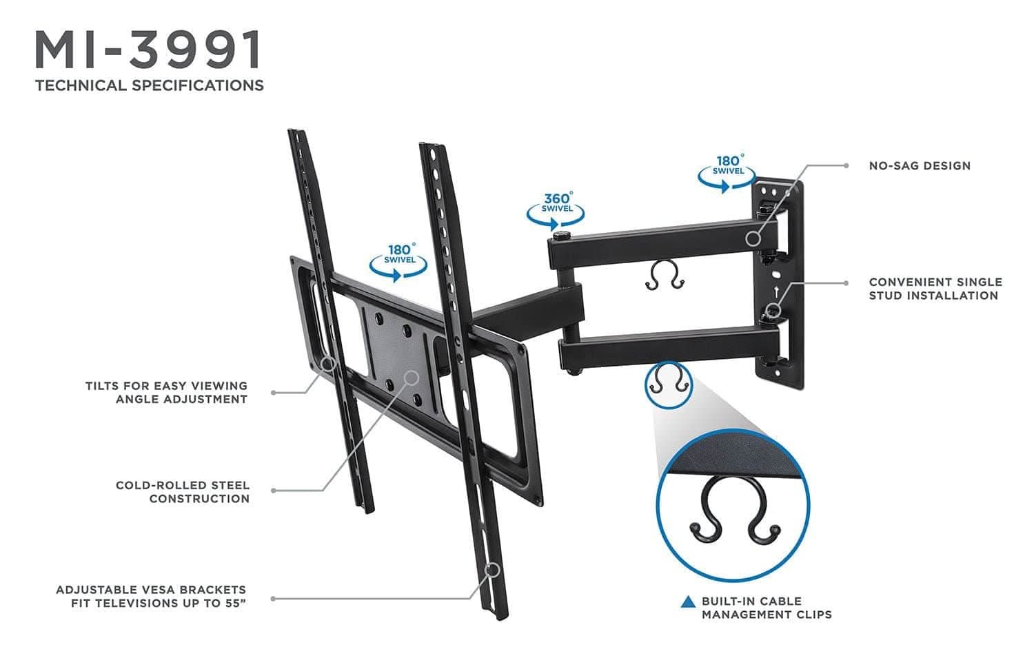 Mount-It! TV Wall Mount with Full Motion Articulating Arm for 27" to 55" TVs | holds up to 77 lbs | MI-3991B - Thumbnail 2