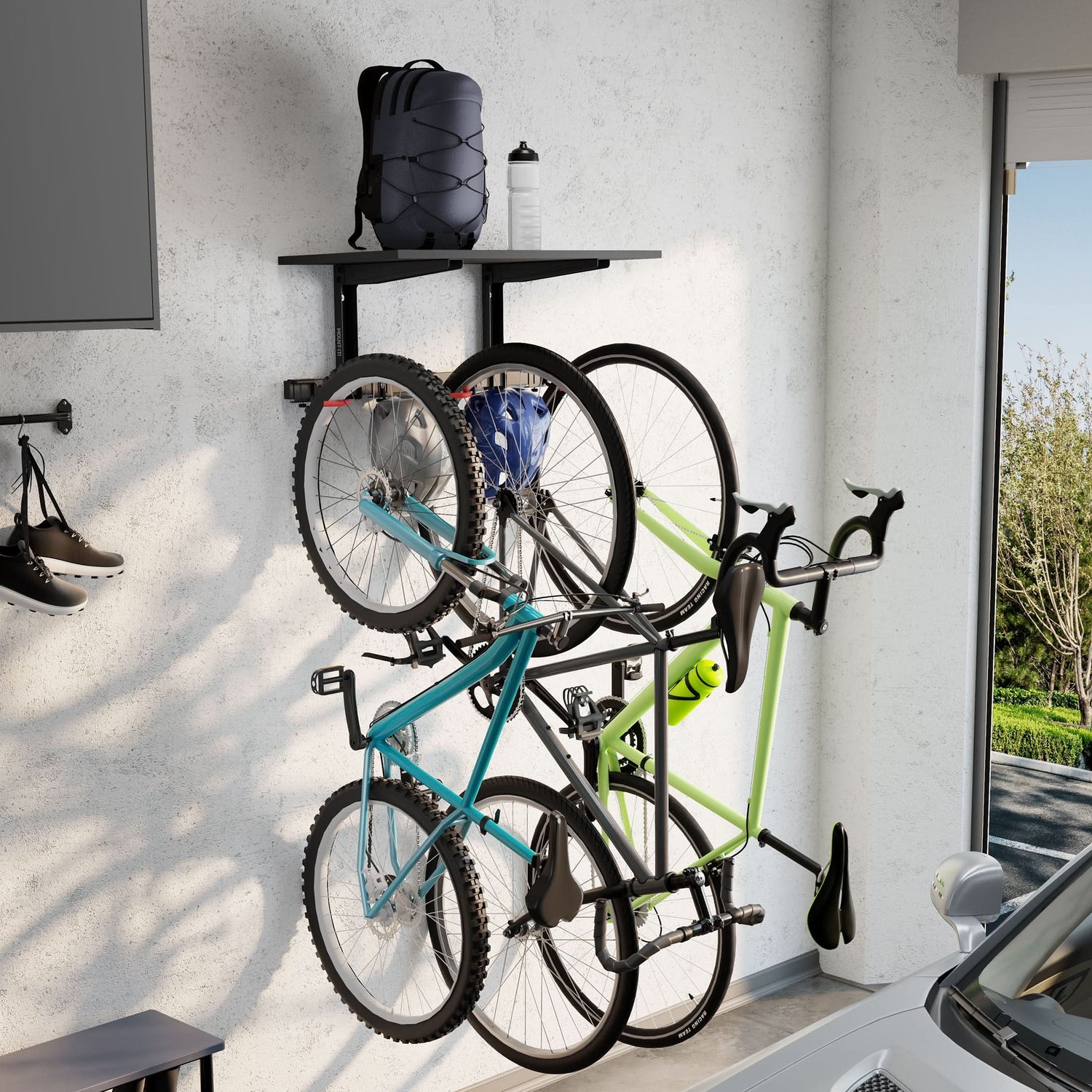 bike pedal wall mount Mount-It! WheelsUp Series Bike Wall Mount with Shelf for 3 Bikes