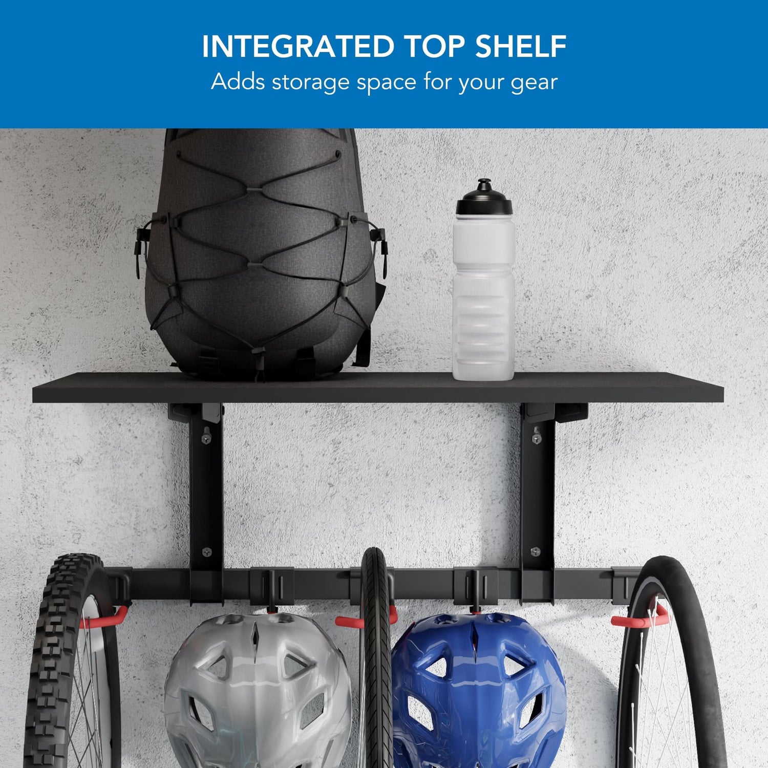 bike wall mount with helmet storage Mount-It! WheelsUp Series Bike Wall Mount with Shelf for 3 Bikes