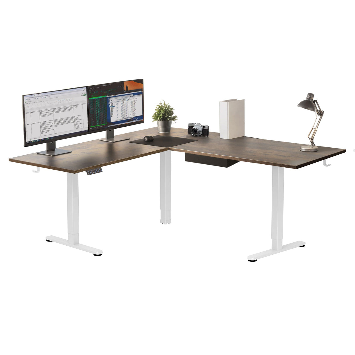 White / Brown Standing Desk - XL Electric Height Adjustable Corner Standing Desk - Mount-It! - MI-15028
