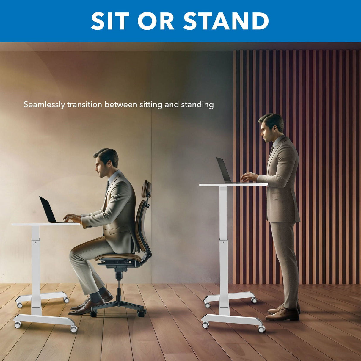 White Mobile Standing Desk - Sit-Stand Mobile Laptop Cart - Mount-It! - MI-7975