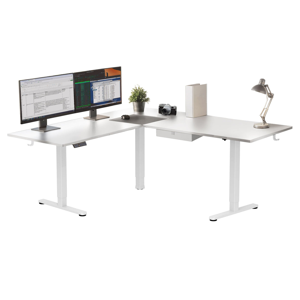 White / White Standing Desk - XL Electric Height Adjustable Corner Standing Desk - Mount-It! - MI-15029