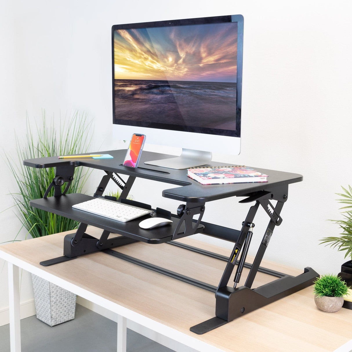 Black Desk Converters - Wide Standing Desk Converter with Gas Spring - Mount-It! - MI-7926