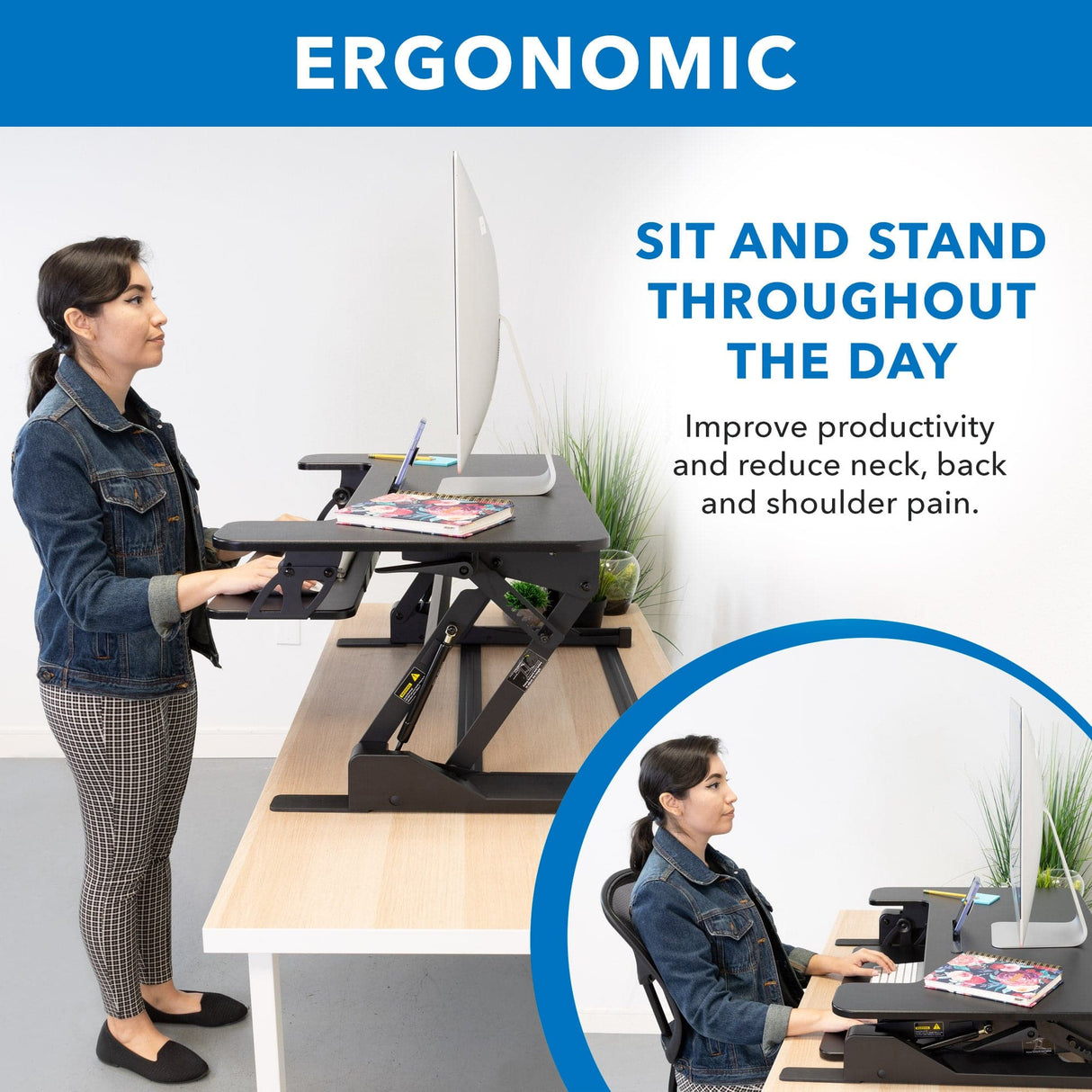 Black Desk Converters - Wide Standing Desk Converter with Gas Spring - Mount-It! - MI-7926